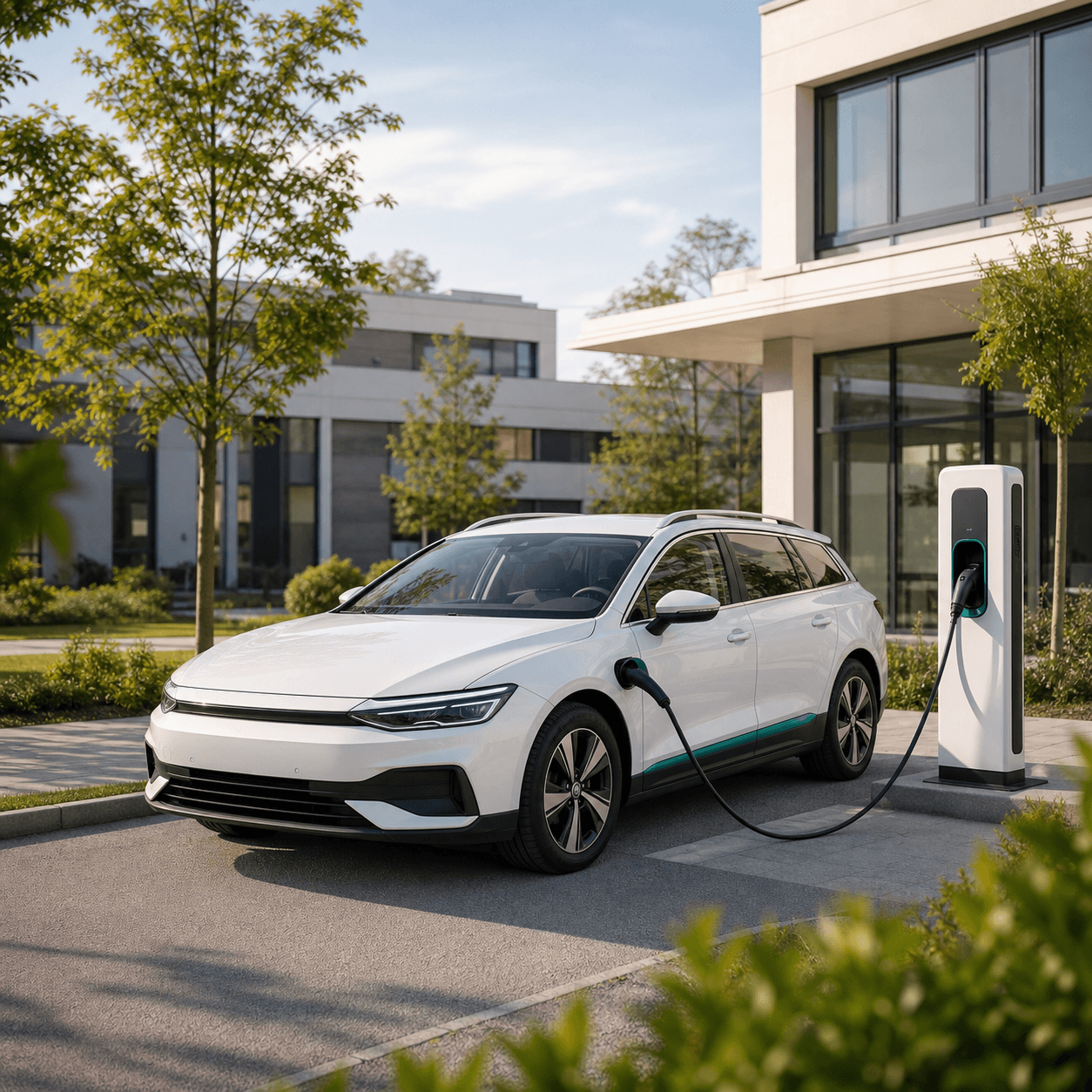 Elektrisches Poolfahrzeug an einer Ladestation vor einem modernen Klinikgebäude